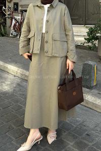 Lamelif Cep Detaylı İkili Etek  Tesettür Takım Haki