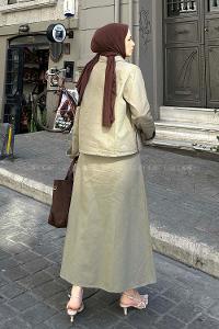 Lamelif Cep Detaylı İkili Etek  Tesettür Takım Haki