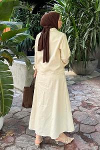 Lamelif Cep Detaylı İkili Etek  Tesettür Takım Krem