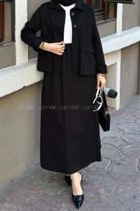 Lamelif Cep Detaylı İkili Etek  Tesettür Takım Siyah