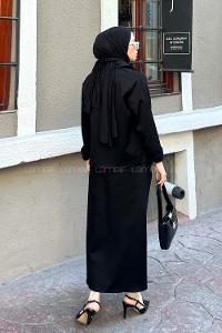 Lamelif Cep Detaylı İkili Etek  Tesettür Takım Siyah