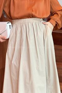Sand Beige Linen Unprinted Flare Skirt
