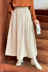 Sand Beige Linen Unprinted Flare Skirt