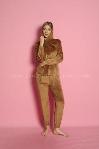 Lamelif Frans Kadife Kumaş Kapişonlu Pijama Takım Seti Camel