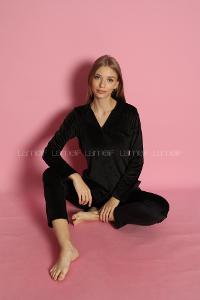 Lamelif Frans Kadife Kumaş Pijama Takım Seti Siyah