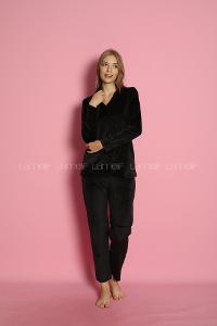 Lamelif Frans Kadife Kumaş Pijama Takım Seti Siyah