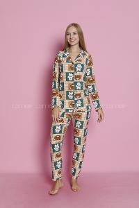 Lamelif Kedi Desenli Süet Kumaş Pijama Takım Seti