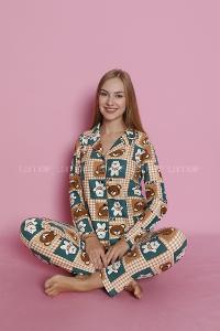 Lamelif Kedi Desenli Süet Kumaş Pijama Takım Seti