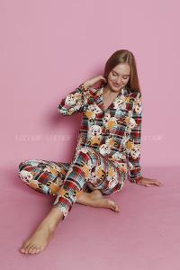 Lamelif Köpek Desenli Süet Kumaş Pijama Takım Seti