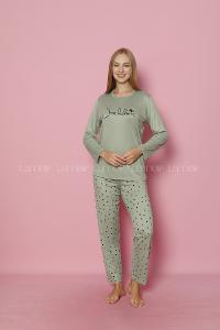 Lamelif Puantiye Desenli Milan Kumaş Pijama Takım Seti Mint Yeşili