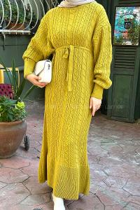 Oil Green Crew Neck Knitwear Dresess