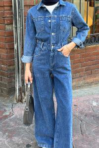 Lamelif Uzun Kollu Kot Tulum Kot Mavisi