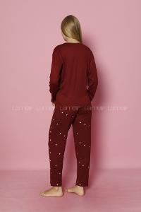 Lamelif Yıldız Desenli Milan Kumaş Pijama Takım Seti Bordo