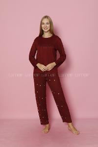 Lamelif Yıldız Desenli Milan Kumaş Pijama Takım Seti Bordo