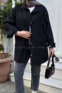 Lamelif Çift Cepli Önü Boydan Düğmeli Gömlek Siyah