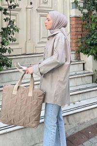 Lamelif Çift Cepli Önü Boydan Düğmeli Gömlek Taş