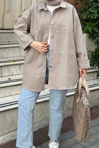 Lamelif Çift Cepli Önü Boydan Düğmeli Gömlek Taş