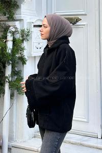 Lamelif Gömlek Yaka Düşük Omuz Kürk Detaylı Mont Siyah