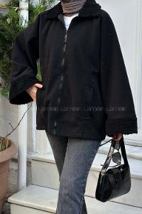 Lamelif Gömlek Yaka Düşük Omuz Kürk Detaylı Mont Siyah