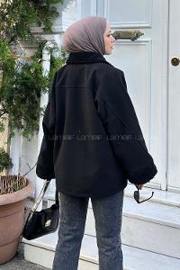 Lamelif Gömlek Yaka Düşük Omuz Kürk Detaylı Mont Siyah