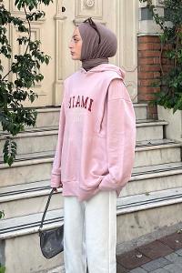 Lamelif Mıamı Baskı Detaylı Sweat  Pudra