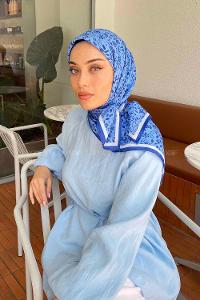 Lamelif Zambak Desen Pamuk Eşarp Kot Mavisi