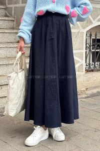 Lamelif Cep Detaylı Kloş Keten Etek Lacivert