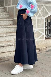 Lamelif Cep Detaylı Kloş Keten Etek Lacivert