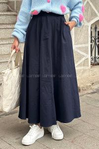 Lamelif Cep Detaylı Kloş Keten Etek Lacivert