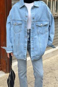 Lamelif Çift Cepli Oversize Ceket Buz Mavi