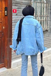 Lamelif Çift Cepli Oversize Ceket Buz Mavi