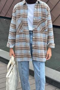 Lamelif Ekose Desen Çift Cep Detaylı  Oduncu Gömlek Vizonrengi