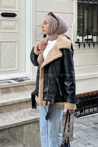 Black Brown Zippered Neck Long Arm Coat