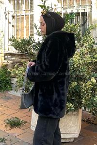 Lamelif Kapüşonlu Suni Kürk Mont Siyah
