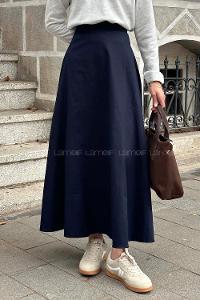 Navy Blue Gabardin Unprinted Flare Skirt