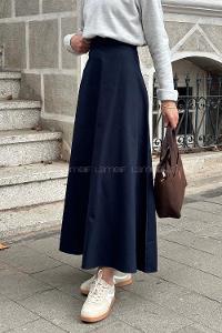 Navy Blue Gabardin Unprinted Flare Skirt