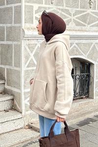 Lamelif Ön Fermuarlı Düz Sweatshirt Bej
