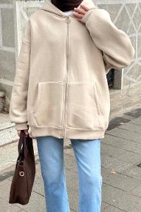 Lamelif Ön Fermuarlı Düz Sweatshirt Bej