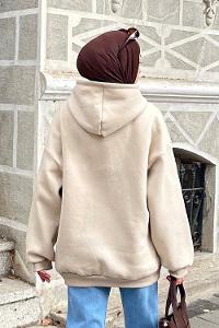 Lamelif Ön Fermuarlı Düz Sweatshirt Bej