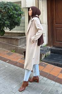 Lamelif Kuşak Bağlama Detaylı Kaşe Kaban Bej