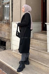 Lamelif Kuşak Bağlama Detaylı Kaşe Kaban Siyah