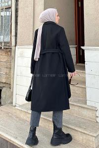 Lamelif Kuşak Bağlama Detaylı Kaşe Kaban Siyah