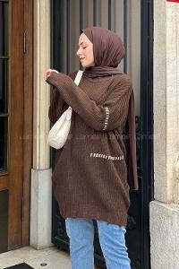 Lamelif Bisiklet Yaka Triko Kazak Kahverengi