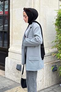 Lamelif Kapak Cep Blazer Ceket Gri