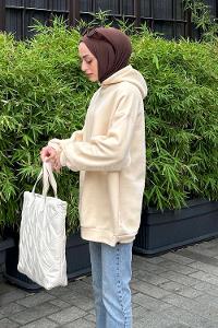 Lamelif Kapüşonlu Salaş Sweatshirt Krem