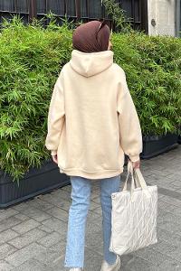 Lamelif Kapüşonlu Salaş Sweatshirt Krem