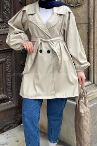 Lamelif Kruvaze Yaka Deri Mont Taş