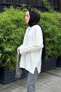 Lamelif Massimo V yaka Triko Kazak Beyaz