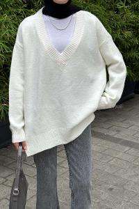 Lamelif Massimo V yaka Triko Kazak Beyaz