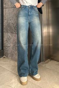 Lamelif Kesik Paça Renkli Dikiş Pantolon Vintage Mavi